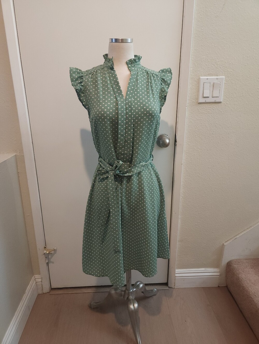 Green Polka Dot Ruffle Sleeve Dress
